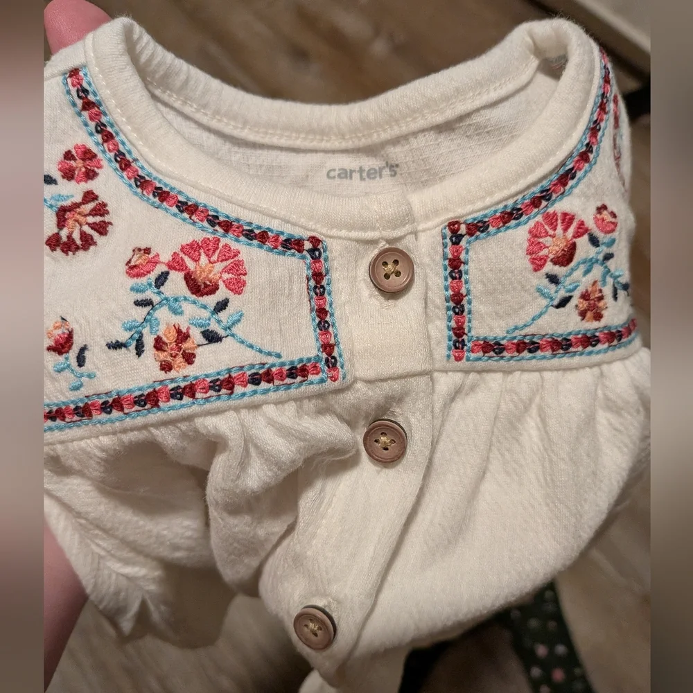 NEW Baby Boho White Embroidered Cardigan & Green Mushroom Flare Pants Size 6 Mo